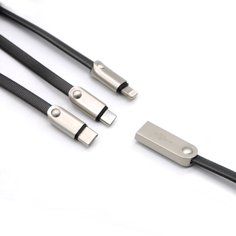 Câble de charge USB plat en alliage de zinc 3 en 1 Accessoires de téléphone portable pour iPhone Android et Type-C